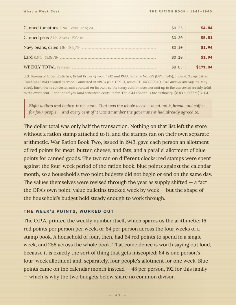 Book page: the $8.83 wartime grocery ledger with then and today columns